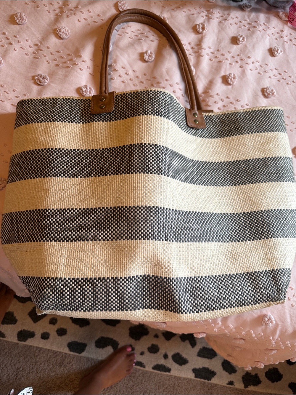 Striped Straw Tote Bag with Brown Handles